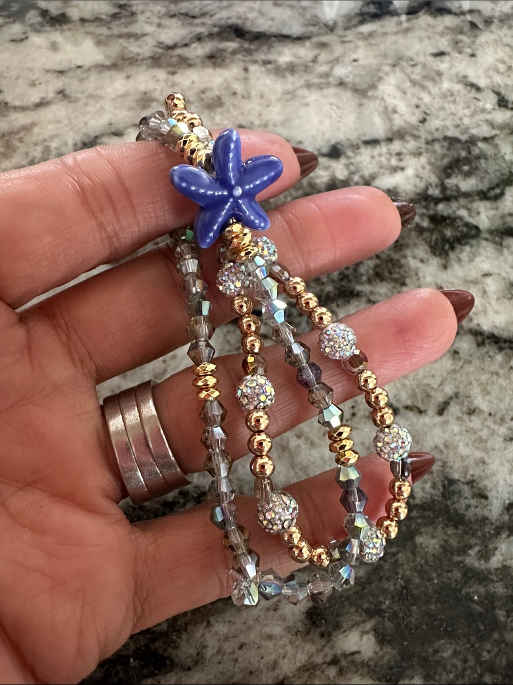 Blue Starfish Beaded Stretch anklet Bracelet - Gold & Iridescent